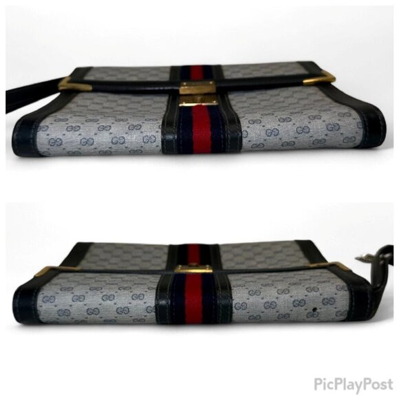 GUCCI Shelly Line Grey and Navy Blue Monogram Canvas Clutch w Stripes, Unisex - Picture 8 of 16